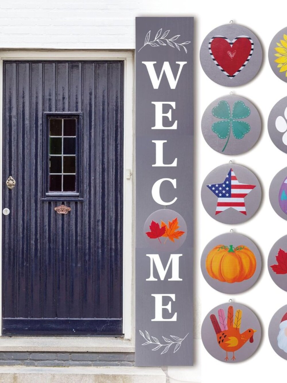 Interchangeable Welcome sign for front porch standing, 47 x 7.9 Inch Black Woode